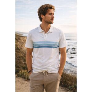 MARINE LAYER White Blue Stripe Retro Polo Shirt Top   Mens Size Large